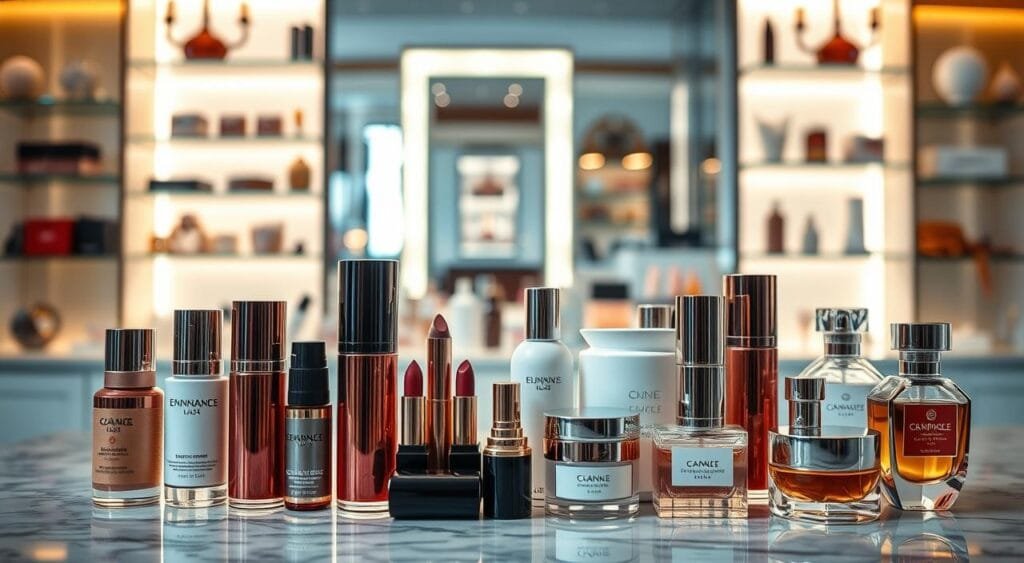 A luxurious display of high-end beauty products arranged elegantly on a marble countertop. In the foreground, showcase a variety of beautifully packaged skincare serums, lipsticks, and perfumes by renowned luxury brands, highlighting intricate designs and sophisticated colors. The middle section includes a stylish, lit vanity mirror reflecting the products, accentuated by soft, warm lighting that creates a glamorous ambiance. In the background, blurred shelves filled with more luxury beauty items and light, airy decor give an upscale boutique feel. The overall mood is opulent and inviting, emphasizing elegance and high-quality craftsmanship. Use a shallow depth of field to draw focus to the products and enhance their details, as if captured with a professional lens.