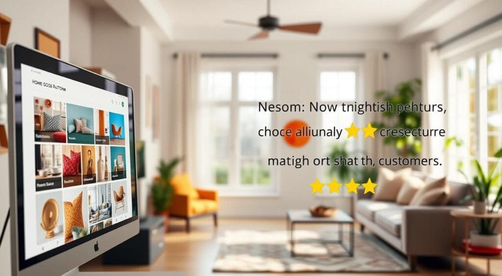 A modern and inviting home goods platform interface, elegantly displayed on a sleek computer screen in the foreground. Vibrant images of various high-quality home goods like decorative pillows, kitchenware, and stylish furniture are visible on the screen, showcasing user-friendly navigation. In the middle ground, a cozy, well-decorated living room setting with natural light streaming through large windows, featuring warm colors and inviting textures that exude comfort and style. The background showcases soft blurred silhouettes of additional home decor elements and a hint of greenery from indoor plants, enhancing the atmosphere. The scene is bright, with soft, diffused lighting creating an inviting mood, emphasizing the quality and satisfaction of customer reviews and ratings of the platform.