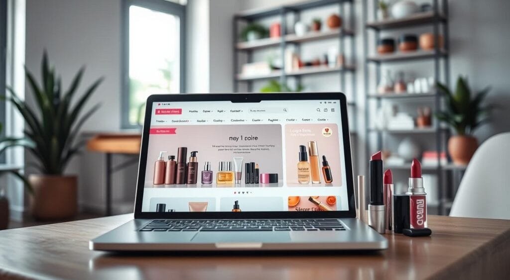 A modern beauty products retailer's online interface in an attractive, inviting environment. In the foreground, showcase a sleek laptop displaying a well-designed website with colorful beauty products like skincare, makeup, and fragrances prominently featured. Surround the laptop with stylish beauty items—such as lipsticks, creams, and eye shadows—tastefully arranged. In the middle background, incorporate a cozy workspace with soft lighting, perhaps from a large window casting gentle light, creating a warm atmosphere. Subtle plants can add a touch of freshness. In the background, blurred shelves filled with neatly organized beauty products enhance depth. The overall mood should feel professional yet inviting, ideal for an online business focused on customer service and support. A modern beauty products retailer's online interface in an attractive, inviting environment. In the foreground, showcase a sleek laptop displaying a well-designed website with colorful beauty products like skincare, makeup, and fragrances prominently featured. Surround the laptop with stylish beauty items—such as lipsticks, creams, and eye shadows—tastefully arranged. In the middle background, incorporate a cozy workspace with soft lighting, perhaps from a large window casting gentle light, creating a warm atmosphere. Subtle plants can add a touch of freshness. In the background, blurred shelves filled with neatly organized beauty products enhance depth. The overall mood should feel professional yet inviting, ideal for an online business focused on customer service and support.