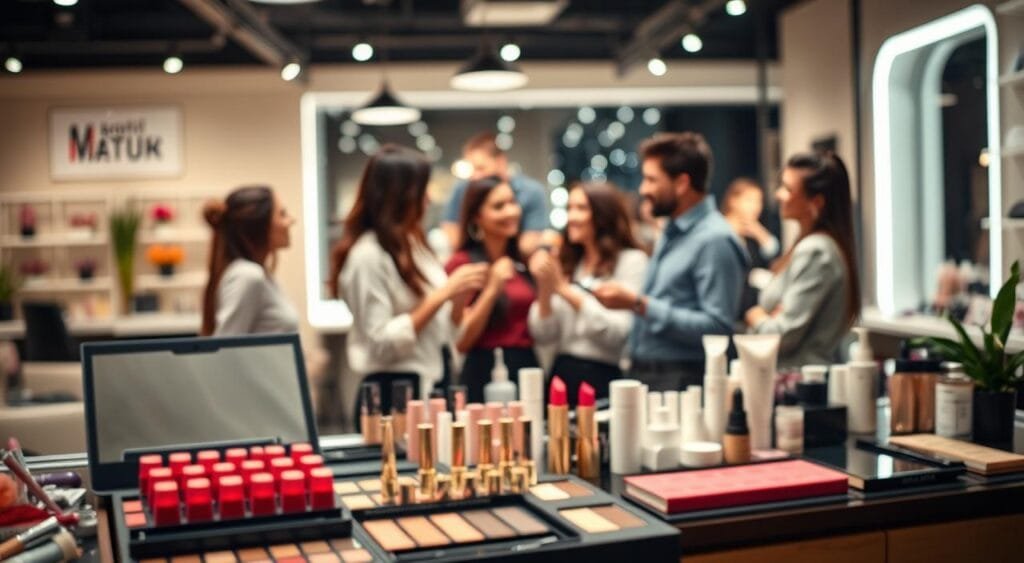 A modern beauty workspace showcasing the latest beauty trends inspired by influencer culture. In the foreground, a stylish makeup vanity filled with vibrant, popular beauty products like lipsticks, eyeshadows, and skincare bottles, presented artfully. In the middle ground, a diverse group of influencers in professional casual attire engaged in a lively discussion, examining the products and sharing opinions. The background features soft, elegant lighting that creates an inviting atmosphere, with a blurred view of a trendy salon or beauty studio. A gentle depth of field enhances the focus on the influencers while maintaining the essence of the beauty products. The overall mood is dynamic and collaborative, reflecting the influence and excitement within the beauty industry.