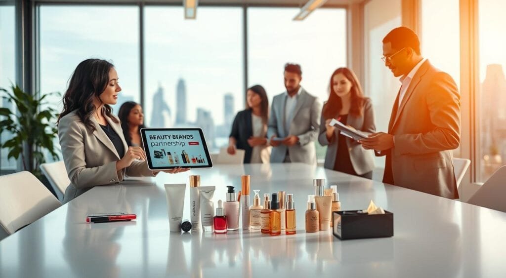 A modern office setting filled with natural light, showcasing a diverse group of professionals collaborating around a large conference table. In the foreground, a woman in smart business attire presents a sleek tablet displaying beauty brand partnerships, while another colleague, a man in a tailored suit, takes notes attentively. In the middle, various beauty products are artistically arranged on the table, symbolizing the brands in discussion, including skincare, makeup, and fragrances. The background features a large window with a city skyline view, enhancing the ambiance of a thriving business environment. The mood is energetic and collaborative, with a bright color palette and soft, diffused lighting to create an inviting atmosphere conducive to partnership building. A modern office setting filled with natural light, showcasing a diverse group of professionals collaborating around a large conference table. In the foreground, a woman in smart business attire presents a sleek tablet displaying beauty brand partnerships, while another colleague, a man in a tailored suit, takes notes attentively. In the middle, various beauty products are artistically arranged on the table, symbolizing the brands in discussion, including skincare, makeup, and fragrances. The background features a large window with a city skyline view, enhancing the ambiance of a thriving business environment. The mood is energetic and collaborative, with a bright color palette and soft, diffused lighting to create an inviting atmosphere conducive to partnership building.