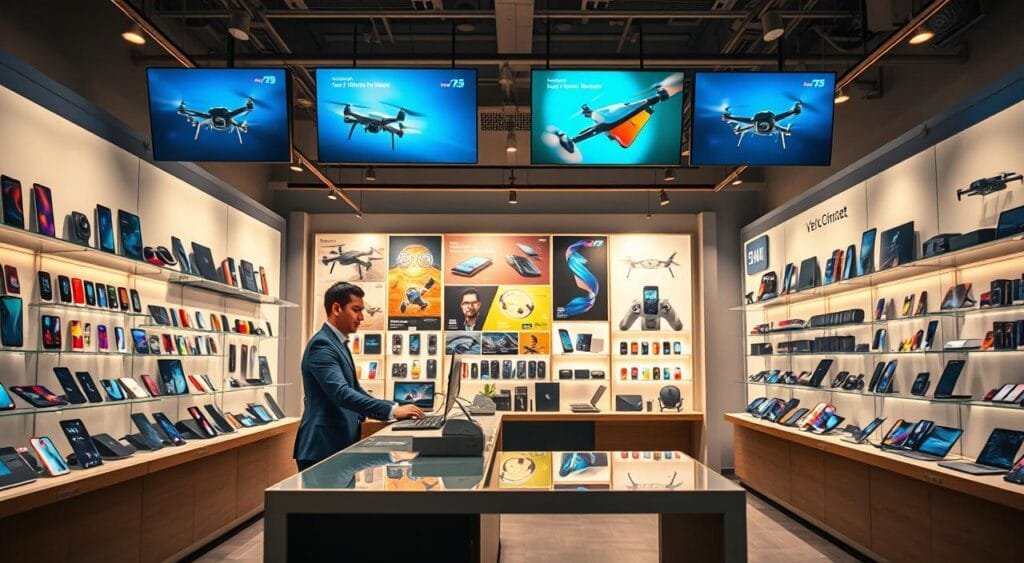 A modern online gadget shop interior, showcasing a variety of high-tech gadgets like smartphones, laptops, smartwatches, and drones on sleek display shelves. The foreground features a polished sales counter with a friendly staff member in professional attire assisting a customer, creating an inviting atmosphere. In the middle, an array of vibrant gadget posters and digital screens showcasing product features add dynamism. The background shows soft, ambient lighting illuminating the space, with large windows letting in natural light. The overall mood is engaging and tech-savvy, highlighting innovation through a contemporary design aesthetic. Capture this scene from a slightly elevated angle for a comprehensive view of the shop's layout and product diversity. A modern online gadget shop interior, showcasing a variety of high-tech gadgets like smartphones, laptops, smartwatches, and drones on sleek display shelves. The foreground features a polished sales counter with a friendly staff member in professional attire assisting a customer, creating an inviting atmosphere. In the middle, an array of vibrant gadget posters and digital screens showcasing product features add dynamism. The background shows soft, ambient lighting illuminating the space, with large windows letting in natural light. The overall mood is engaging and tech-savvy, highlighting innovation through a contemporary design aesthetic. Capture this scene from a slightly elevated angle for a comprehensive view of the shop's layout and product diversity.