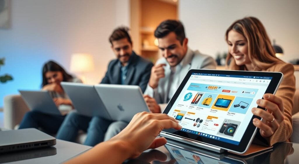 A modern online shopping scene centered around electronics, featuring a diverse group of individuals comfortably seated at a sleek desk with laptops and tablets open, showcasing product images and discount banners. In the foreground, a close-up of a tablet screen displays a vibrant, colorful electronics website with attractive deals. The middle of the image features the shoppers analyzing their selections, dressed in professional business attire or modest casual clothing, with excited expressions. The background reveals a stylish, minimalistic home office with ambient lighting that gives a warm, welcoming glow. The atmosphere is energetic and focused, capturing the thrill of finding affordable electronics deals online. Use soft lighting to emphasize the sleek gadgets and create an inviting mood. A modern online shopping scene centered around electronics, featuring a diverse group of individuals comfortably seated at a sleek desk with laptops and tablets open, showcasing product images and discount banners. In the foreground, a close-up of a tablet screen displays a vibrant, colorful electronics website with attractive deals. The middle of the image features the shoppers analyzing their selections, dressed in professional business attire or modest casual clothing, with excited expressions. The background reveals a stylish, minimalistic home office with ambient lighting that gives a warm, welcoming glow. The atmosphere is energetic and focused, capturing the thrill of finding affordable electronics deals online. Use soft lighting to emphasize the sleek gadgets and create an inviting mood.