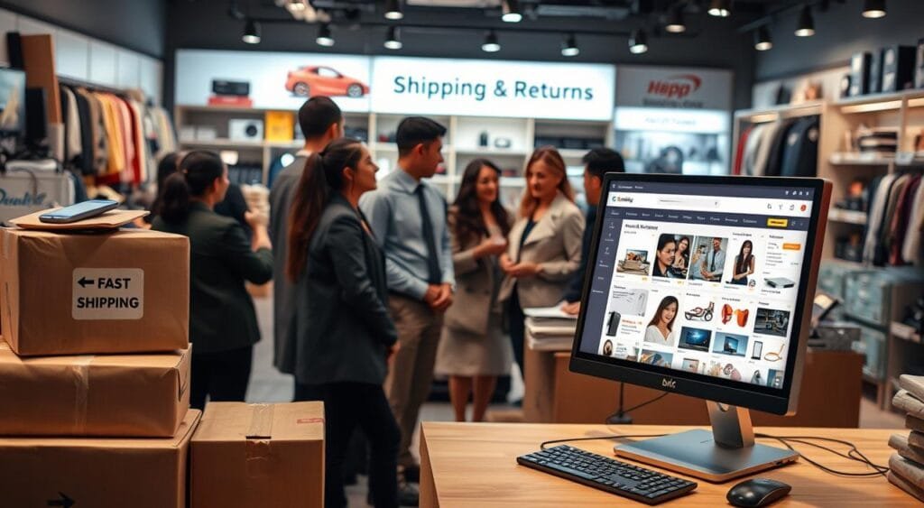 A modern online store setting bustling with activity, showcasing varied products like electronics, clothing, and home goods. In the foreground, a sleek computer setup with a vibrant screen displaying a user-friendly shopping interface rich in product images and ratings. To the left, a delivery box with a fast shipping icon prominently featured, indicating speedy service. The middle ground features a diverse group of consumers, including two individuals in professional attire, discussing their choices while a friendly staff member assists them. The background reveals shelves stacked with merchandise and a bright "Shipping & Returns" section. The atmosphere is lively and welcoming, with warm lighting and an inviting ambiance, captured from a slightly elevated angle to provide a comprehensive view of the store.
