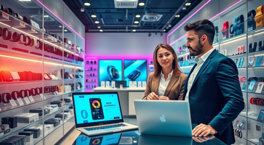 A modern online tech store interior filled with various tech accessories, such as smartwatches, headphones, and smartphones neatly displayed on sleek shelves. In the foreground, a professional male and female employee in smart casual attire are engaged in conversation, pointing at a laptop screen showing product promotions. The middle area features a stylish checkout counter with minimalist design and a few digital screens showcasing new arrivals. In the background, vibrant lighting highlights the products, creating an inviting atmosphere. The mood is energetic and aspirational, with a lens flare adding warmth to the scene. Capture a wide-angle view that showcases the vibrant colors and organized layout, reflecting a contemporary shopping experience in the tech industry.