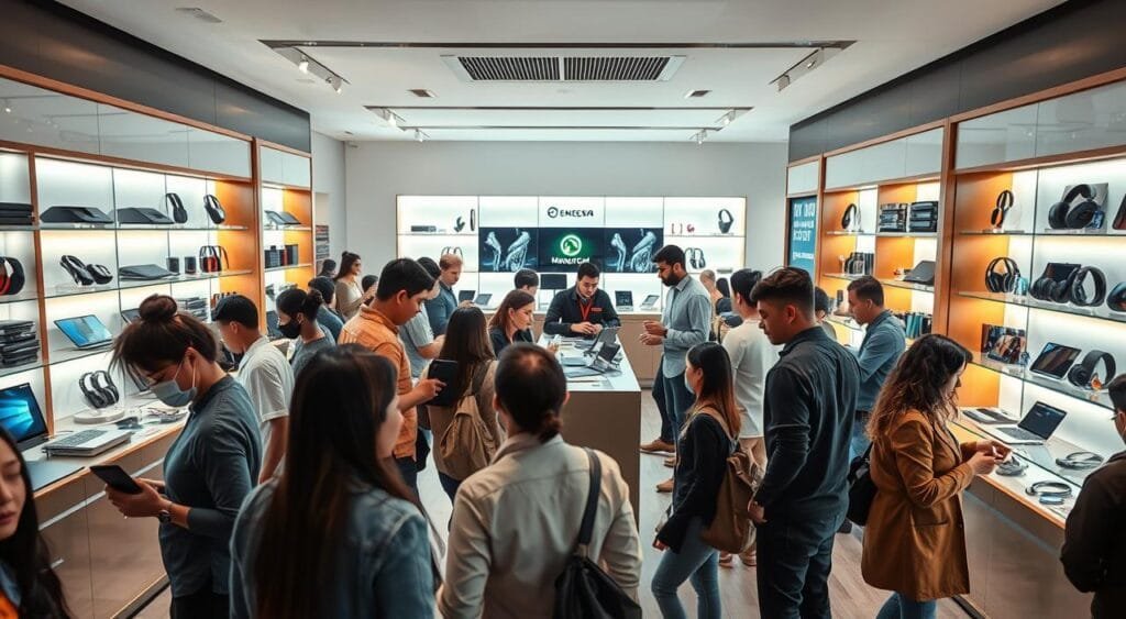 A modern tech gadget store interior, bustling with activity. In the foreground, a diverse group of customers dressed in casual professional attire, examining various tech products like laptops, smartwatches, and headphones. The middle section features sleek, illuminated display shelves showcasing the latest gadgets, with glowing screens and futuristic designs. In the background, a friendly store staff member assists a customer, providing recommendations. The store is filled with vibrant colors, showcasing a mix of sophisticated tech gadgets and accessories. Soft, ambient lighting creates an inviting atmosphere, while a wide-angle perspective captures the entire scene, enhancing the sense of movement and engagement. The mood is energetic and inspiring, reflecting excitement about technology and customer satisfaction. A modern tech gadget store interior, bustling with activity. In the foreground, a diverse group of customers dressed in casual professional attire, examining various tech products like laptops, smartwatches, and headphones. The middle section features sleek, illuminated display shelves showcasing the latest gadgets, with glowing screens and futuristic designs. In the background, a friendly store staff member assists a customer, providing recommendations. The store is filled with vibrant colors, showcasing a mix of sophisticated tech gadgets and accessories. Soft, ambient lighting creates an inviting atmosphere, while a wide-angle perspective captures the entire scene, enhancing the sense of movement and engagement. The mood is energetic and inspiring, reflecting excitement about technology and customer satisfaction.