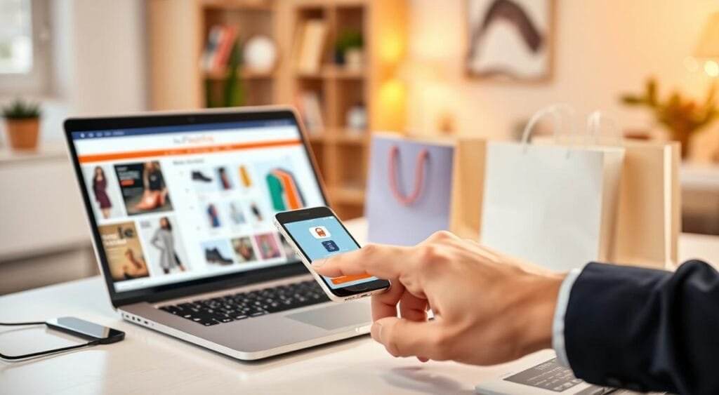 A modern workspace featuring a smartphone and a laptop open to various online shopping websites, showcasing trending products. In the foreground, a hand is seen tapping a touchscreen, demonstrating a secure checkout process with visible indicators such as a padlock and SSL certificate icons. The middle ground includes a bright, organized desk with shopping bags and credit cards, illustrating convenience and safety in online purchases. The background is a blurred cozy home environment with soft, warm lighting, creating a sense of comfort and trust. The atmosphere feels professional yet inviting, encouraging a worry-free shopping experience. The image captures the essence of secure online shopping trends without any text or markings. A modern workspace featuring a smartphone and a laptop open to various online shopping websites, showcasing trending products. In the foreground, a hand is seen tapping a touchscreen, demonstrating a secure checkout process with visible indicators such as a padlock and SSL certificate icons. The middle ground includes a bright, organized desk with shopping bags and credit cards, illustrating convenience and safety in online purchases. The background is a blurred cozy home environment with soft, warm lighting, creating a sense of comfort and trust. The atmosphere feels professional yet inviting, encouraging a worry-free shopping experience. The image captures the essence of secure online shopping trends without any text or markings.