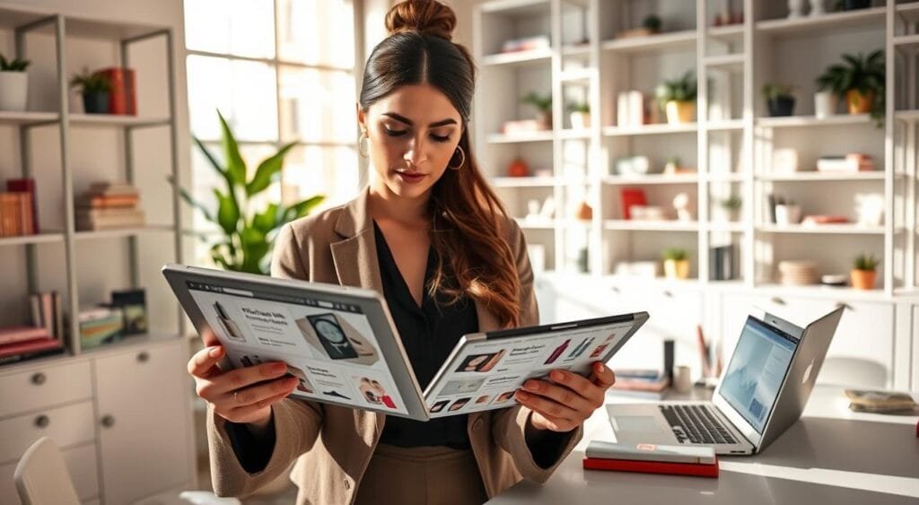 A professional beauty influencer in an elegant, well-lit office setting, examining a tablet showcasing various beauty products and affiliate links. In the foreground, the influencer, a stylish woman in smart casual attire, is deep in thought, showcasing her engagement with the material. In the middle ground, a sleek desk filled with beauty product samples, promotional materials, and a laptop displaying analytics. In the background, soft-focus shelves lined with beauty books and plant decor, creating a modern and inviting atmosphere. Natural light streams in from a large window, creating a warm glow. The mood is inspirational, highlighting collaboration and partnership in the beauty industry, with an emphasis on professionalism and creativity. A professional beauty influencer in an elegant, well-lit office setting, examining a tablet showcasing various beauty products and affiliate links. In the foreground, the influencer, a stylish woman in smart casual attire, is deep in thought, showcasing her engagement with the material. In the middle ground, a sleek desk filled with beauty product samples, promotional materials, and a laptop displaying analytics. In the background, soft-focus shelves lined with beauty books and plant decor, creating a modern and inviting atmosphere. Natural light streams in from a large window, creating a warm glow. The mood is inspirational, highlighting collaboration and partnership in the beauty industry, with an emphasis on professionalism and creativity.