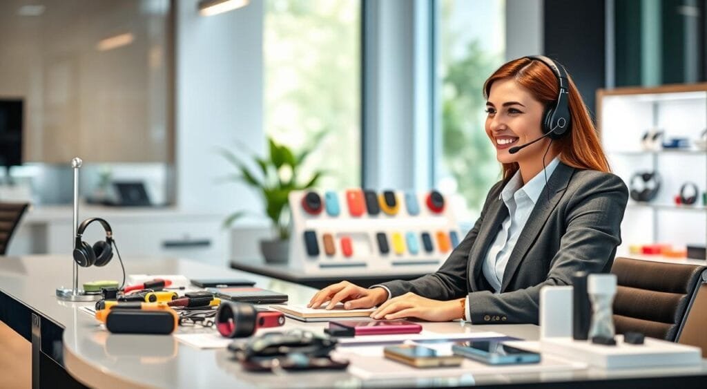 A professional customer service representative sitting at a sleek, modern desk, surrounded by various tech accessories such as headphones, phone cases, and charging cables, all organized neatly. In the foreground, the representative, a woman in professional business attire, is engaged in a friendly conversation over a headset, conveying warmth and approachability. The middle ground features a well-lit display of colorful tech gadgets, emphasizing an inviting atmosphere. The background showcases a contemporary office environment with soft, ambient lighting that enhances the welcoming feel. A hint of greenery through a window adds a touch of freshness, making the scene both professional and inviting, capturing the essence of excellent customer service in the tech accessories market.