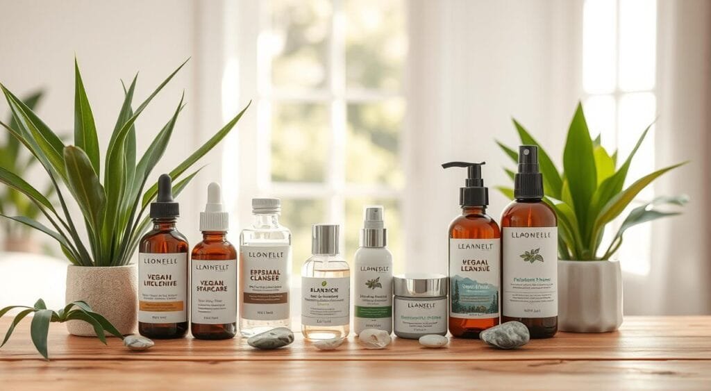 A serene and elegant display of popular vegan skincare brands, set on a natural wooden table in a soft-lit room. In the foreground, several beautifully labeled skincare products like serums, moisturizers, and cleansers made from botanical ingredients, arranged artistically alongside lush green plants and delicate stones. The middle section features a subtle blurred backdrop of a sunlit window, allowing natural light to enhance the organic vibe. The atmosphere is calm and refreshing, evoking a sense of wellness and sustainability. The scene is styled with a minimalist aesthetic and focuses on the essence of vegan beauty, emphasizing earth-friendly packaging. Use a soft focus lens to create a dreamy, inviting look. A serene and elegant display of popular vegan skincare brands, set on a natural wooden table in a soft-lit room. In the foreground, several beautifully labeled skincare products like serums, moisturizers, and cleansers made from botanical ingredients, arranged artistically alongside lush green plants and delicate stones. The middle section features a subtle blurred backdrop of a sunlit window, allowing natural light to enhance the organic vibe. The atmosphere is calm and refreshing, evoking a sense of wellness and sustainability. The scene is styled with a minimalist aesthetic and focuses on the essence of vegan beauty, emphasizing earth-friendly packaging. Use a soft focus lens to create a dreamy, inviting look.