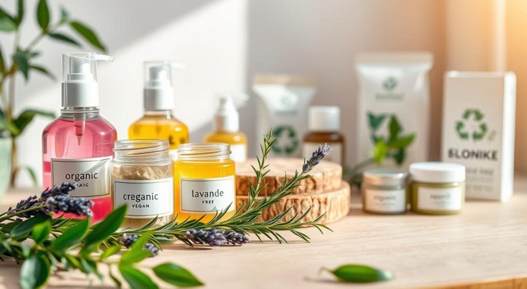 A serene and elegant tabletop arrangement showcasing an array of colorful eco-friendly cosmetics. In the foreground, feature a set of glass jars and bottles filled with natural skincare products, adorned with minimalist labels reading "organic," "cruelty-free," and "vegan." Beside them, place fresh herbs like lavender and rosemary, symbolizing natural ingredients. In the middle ground, add a textured wooden surface to enhance the organic feel, surrounded by soft green leaves for a touch of nature. In the background, softly blurred, showcase subtle eco-certification icons on recyclable packaging, hinting at sustainability. The lighting should be warm and inviting, akin to natural sunlight, creating a fresh and uplifting atmosphere. Capture this scene from a slightly elevated angle for depth and clarity.