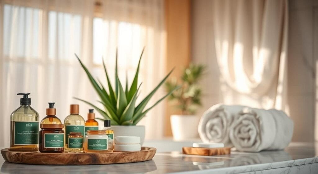 A serene and inviting bathroom setting showcasing various green beauty products. In the foreground, elegantly arranged organic skincare items such as glass jars with green labels, bamboo bottles, and natural soaps, placed on a rustic wooden tray. The middle ground features a stylish, potted aloe vera plant and soft, cotton bath towels rolled neatly. In the background, a softly lit window drapes sheer fabrics, allowing gentle sunlight to filter through, creating a warm atmosphere. The mood is calming and eco-friendly, highlighting the concept of clean beauty. The composition includes a slight depth of field with a focus on the products, captured with a 50mm lens to enhance detail and texture, ensuring the image is vibrant yet soothing. A serene and inviting bathroom setting showcasing various green beauty products. In the foreground, elegantly arranged organic skincare items such as glass jars with green labels, bamboo bottles, and natural soaps, placed on a rustic wooden tray. The middle ground features a stylish, potted aloe vera plant and soft, cotton bath towels rolled neatly. In the background, a softly lit window drapes sheer fabrics, allowing gentle sunlight to filter through, creating a warm atmosphere. The mood is calming and eco-friendly, highlighting the concept of clean beauty. The composition includes a slight depth of field with a focus on the products, captured with a 50mm lens to enhance detail and texture, ensuring the image is vibrant yet soothing.