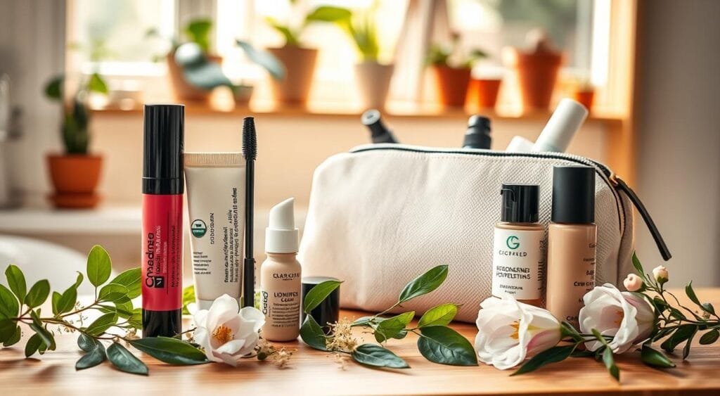 A serene and inviting display of eco-friendly makeup products arranged artistically on a natural wooden surface. In the foreground, vibrant tubes of organic lip balm, biodegradable mascara, and cruelty-free foundation are surrounded by delicate greenery and soft flowers, emphasizing their botanical ingredients. The middle ground features a sleek, sustainable makeup bag made from recycled materials, partially open to reveal more clean beauty items. In the background, a softly lit, sun-drenched bathroom shelf reflects a calm and refreshing ambiance, with potted plants and natural light filtering through a window. The overall mood is warm, inviting, and sophisticated, encouraging a sense of mindful beauty choices. Use soft, natural lighting to highlight the textures of the products, with a shallow depth of field to subtly blur the background, creating focus on the eco-friendly makeup items. A serene and inviting display of eco-friendly makeup products arranged artistically on a natural wooden surface. In the foreground, vibrant tubes of organic lip balm, biodegradable mascara, and cruelty-free foundation are surrounded by delicate greenery and soft flowers, emphasizing their botanical ingredients. The middle ground features a sleek, sustainable makeup bag made from recycled materials, partially open to reveal more clean beauty items. In the background, a softly lit, sun-drenched bathroom shelf reflects a calm and refreshing ambiance, with potted plants and natural light filtering through a window. The overall mood is warm, inviting, and sophisticated, encouraging a sense of mindful beauty choices. Use soft, natural lighting to highlight the textures of the products, with a shallow depth of field to subtly blur the background, creating focus on the eco-friendly makeup items.