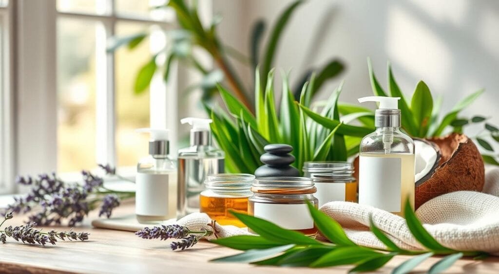 A serene and inviting flat lay composition featuring an array of natural vegan skincare products. In the foreground, include elegantly designed glass jars and bottles, showcasing botanical ingredients like lavender, aloe vera, and coconut oil. The middle layer incorporates lush green plants, stones, and a soft, textured cloth to create a sense of warmth. In the background, gently blurred sunlight filters through a window, casting a natural glow that enhances the fresh, organic feel. Capture the image at a slight angle to emphasize depth, using a soft focus to ensure all elements harmonize. The mood should evoke a calming, holistic atmosphere, inviting viewers to explore the world of vegan skincare. A serene and inviting flat lay composition featuring an array of natural vegan skincare products. In the foreground, include elegantly designed glass jars and bottles, showcasing botanical ingredients like lavender, aloe vera, and coconut oil. The middle layer incorporates lush green plants, stones, and a soft, textured cloth to create a sense of warmth. In the background, gently blurred sunlight filters through a window, casting a natural glow that enhances the fresh, organic feel. Capture the image at a slight angle to emphasize depth, using a soft focus to ensure all elements harmonize. The mood should evoke a calming, holistic atmosphere, inviting viewers to explore the world of vegan skincare.