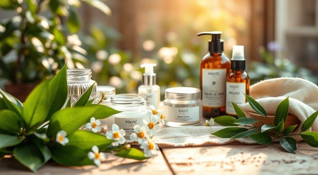 A serene and inviting scene showcasing an array of natural beauty products, prominently featuring elegantly designed glass jars and bottles of organic skincare items. In the foreground, lush green leaves and delicate flowers surround the products, highlighting their organic ingredients. The middle ground features a rustic wooden table adorned with a soft, natural fabric. The background is softly blurred, with hints of a sunlit garden, creating a tranquil atmosphere. Warm, diffused lighting enhances the freshness and purity of the scene, invoking a sense of well-being. The composition should convey a feeling of tranquility and health, appealing to those seeking organic skincare solutions. No text or watermarks.