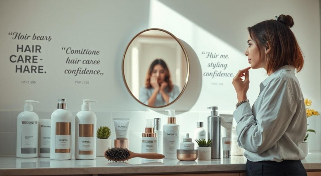 A serene and organized bathroom countertop showcasing a complete hair care routine. In the foreground, neatly arranged bottles of shampoo, conditioner, hair masks, and styling products in elegant packaging, with a soft-focus hairbrush and a small decorative plant nearby. In the middle ground, a stylish mirror reflecting an inviting ambiance, with natural light streaming through a nearby window, illuminating the space gently. The background features soft, pastel-colored walls decorated with motivational quotes about hair care and confidence. The atmosphere feels calming and nurturing, ideal for self-care. A professional female figure in modest casual attire, examining products with a thoughtful expression, enhancing the image's relatability while keeping it engaging and warm.