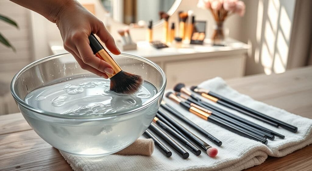 A serene and organized workspace featuring a pristine glass bowl filled with warm soapy water, surrounded by various high-quality makeup brushes of different sizes being gently swirled. In the foreground, a pair of hands with neatly manicured nails delicately hold a brush, showcasing proper cleaning technique. The middle layer displays a variety of additional brushes laid out neatly on a soft, white towel, emphasizing cleanliness. In the background, there’s a softly lit vanity with elegant makeup products, reflecting an ambiance of beauty care. Natural light filters through a nearby window, casting gentle shadows, creating a tranquil and inviting mood. The composition should feel fresh and inspiring, highlighting the importance of maintaining makeup brushes effectively. A serene and organized workspace featuring a pristine glass bowl filled with warm soapy water, surrounded by various high-quality makeup brushes of different sizes being gently swirled. In the foreground, a pair of hands with neatly manicured nails delicately hold a brush, showcasing proper cleaning technique. The middle layer displays a variety of additional brushes laid out neatly on a soft, white towel, emphasizing cleanliness. In the background, there’s a softly lit vanity with elegant makeup products, reflecting an ambiance of beauty care. Natural light filters through a nearby window, casting gentle shadows, creating a tranquil and inviting mood. The composition should feel fresh and inspiring, highlighting the importance of maintaining makeup brushes effectively.