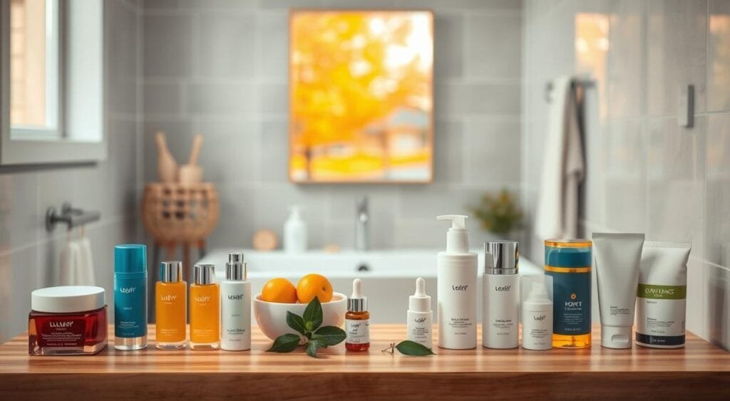 A serene bathroom scene showcasing a seasonal skin care routine. In the foreground, a neatly arranged wooden countertop features an array of colorful skin care products, including moisturizers, serums, and masks, each labeled for different seasons. A small bowl of fresh fruit and a few green leaves add a touch of vibrancy. The middle ground includes a beautifully lit mirror reflecting soft, warm light, enhancing the inviting atmosphere. In the background, a window reveals a glimpse of a seasonal landscape, such as autumn leaves or spring blossoms. The overall mood is calm and rejuvenating, emphasizing the importance of adapting skin care to the changing seasons. The image captures a professional and clean aesthetic, portraying self-care as an essential daily ritual.