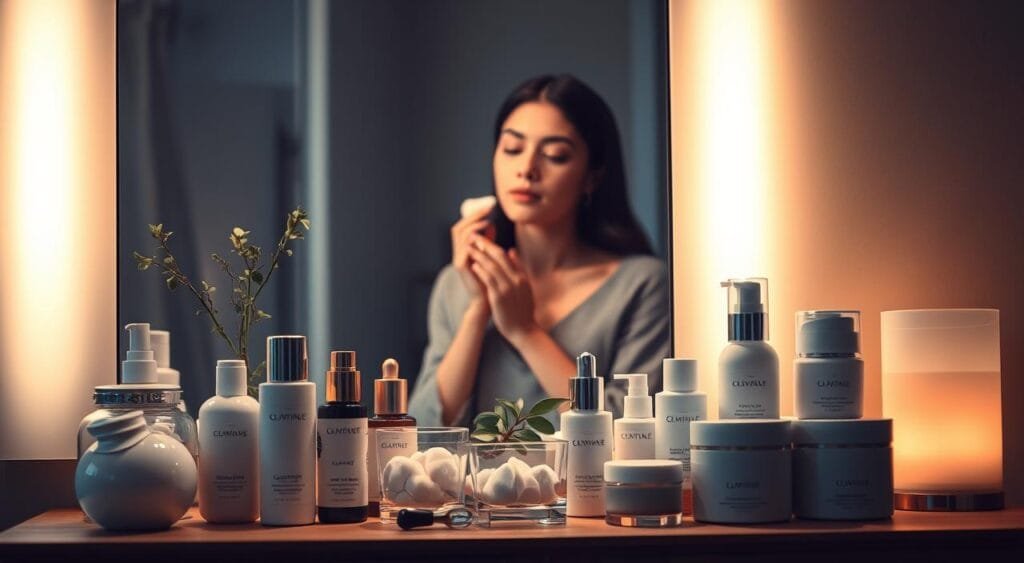 A serene nighttime skincare routine scene set in a softly lit bathroom. In the foreground, a beautifully arranged skincare station features various products such as cleansers, serums, moisturizers, and eye creams, elegantly displayed on a wooden vanity. A glass jar filled with cotton pads and a delicate plant for freshness adds a natural touch. In the middle, a modestly dressed woman with a peaceful expression is applying a cream to her face, surrounded by gentle light reflecting off a mirror. The background shows a calming, dimly-lit room with soft shadows, creating a relaxing atmosphere. The lighting is warm and inviting, emphasizing the ritualistic nature of self-care before bedtime.