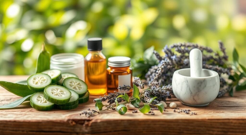 A serene still life composition showcasing natural skincare remedies arranged beautifully on a rustic wooden surface. In the foreground, display fresh ingredients like sliced cucumbers, vibrant green aloe vera leaves, and fragrant lavender sprigs, alongside jars of homemade face masks and essential oils. In the middle ground, include a sleek, clear glass bottle of organic moisturizer and a small mortar and pestle made of marble, hinting at the crafting of DIY skincare solutions. The background features soft, blurred greenery, creating a sense of tranquility and connection to nature. Utilize soft, diffused sunlight to illuminate the scene, casting gentle shadows and enhancing the textures of the natural elements. The overall mood conveys calmness, health, and holistic wellness, inviting viewers to explore effective skincare rooted in nature.