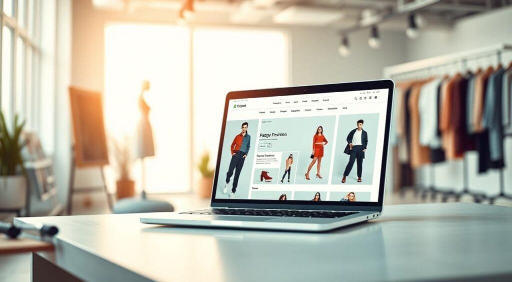 A sleek and modern fashion website interface displayed on a high-resolution laptop, prominently positioned in the foreground. The laptop screen showcases an elegant homepage design featuring stylish clothing items, minimalist navigation menus, and eye-catching visuals of models wearing trendy outfits. In the middle ground, an inviting workspace with fashion sketches, a soft color palette, and chic decor enhances the design theme. Soft, natural lighting floods the scene, casting a warm glow that creates an inviting atmosphere conducive to creativity. In the background, a blurred view of a contemporary workspace with stylish mannequins and racks of clothing adds depth to the image. The overall mood is aspirational and professional, inspiring viewers to envision their own online fashion store design. A sleek and modern fashion website interface displayed on a high-resolution laptop, prominently positioned in the foreground. The laptop screen showcases an elegant homepage design featuring stylish clothing items, minimalist navigation menus, and eye-catching visuals of models wearing trendy outfits. In the middle ground, an inviting workspace with fashion sketches, a soft color palette, and chic decor enhances the design theme. Soft, natural lighting floods the scene, casting a warm glow that creates an inviting atmosphere conducive to creativity. In the background, a blurred view of a contemporary workspace with stylish mannequins and racks of clothing adds depth to the image. The overall mood is aspirational and professional, inspiring viewers to envision their own online fashion store design.