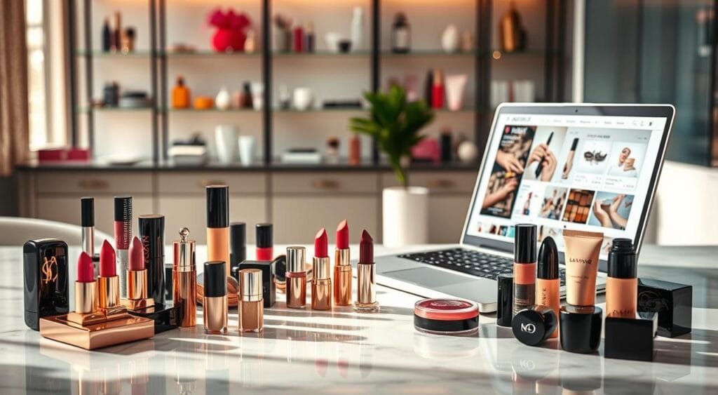 A stylish and modern flat lay arrangement of top beauty brand products, featuring elegantly designed makeup items such as lipsticks, eyeshadow palettes, and foundations displayed neatly on a sleek marble surface. The foreground showcases a shimmering array of cosmetics with brand logos subtly visible, infused with soft, diffused natural light from a nearby window enhancing the colors and textures. In the middle ground, a chic laptop with an open shopping website showcases beauty items, inviting online purchases. The background features softly blurred shelves adorned with beauty products, creating an inviting atmosphere for online shopping. The overall mood is vibrant and elegant, capturing a sophisticated shopping experience in the beauty industry.