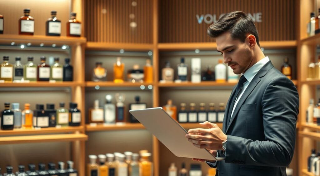 A stylish and modern online cologne store interface, showcasing a diverse collection of perfume bottles arranged aesthetically on sleek wooden shelves. In the foreground, a well-dressed individual in professional attire is browsing through options on a laptop, showcasing the experience of shopping for fragrances. The middle ground features vibrant displays of cologne bottles, with labels visible and elegant designs highlighting each product. Soft, warm lighting creates a welcoming atmosphere, with a slight bokeh effect in the background to emphasize the store’s extensive selection. A clean and minimalistic layout is evident, with an inviting ambiance that resonates with fragrance aficionados. The scene conveys sophistication and ease of navigation, perfect for customers looking to explore high-quality scents online.