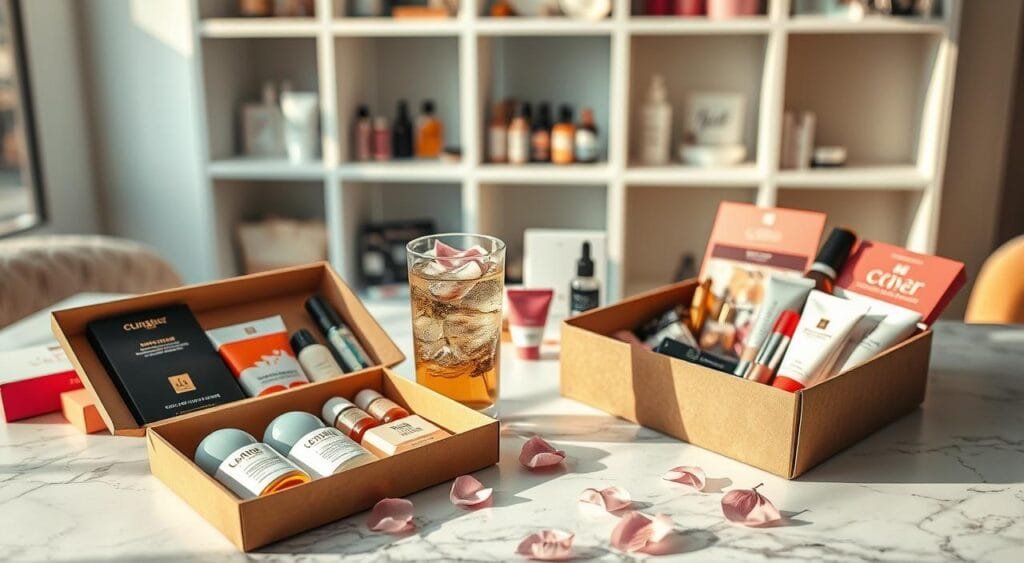 A stylish flat lay of an array of beauty subscription boxes, artfully arranged on a clean marble surface. In the foreground, an open box reveals an assortment of beauty products: vibrant skincare creams, chic makeup items, and a few sample-sized fragrances, neatly displayed. In the middle, a polished glass of iced herbal tea adds a refreshing touch, accompanied by scattered petals of soft pink flowers for a pop of color. In the background, gently blurred shelves display more beauty products, enhancing the feeling of a curated beauty collection. The lighting is soft and natural, filtering in from a window, creating a warm and inviting atmosphere. The overall mood is one of elegance and sophistication, perfect for users seeking honest reviews and recommendations. A stylish flat lay of an array of beauty subscription boxes, artfully arranged on a clean marble surface. In the foreground, an open box reveals an assortment of beauty products: vibrant skincare creams, chic makeup items, and a few sample-sized fragrances, neatly displayed. In the middle, a polished glass of iced herbal tea adds a refreshing touch, accompanied by scattered petals of soft pink flowers for a pop of color. In the background, gently blurred shelves display more beauty products, enhancing the feeling of a curated beauty collection. The lighting is soft and natural, filtering in from a window, creating a warm and inviting atmosphere. The overall mood is one of elegance and sophistication, perfect for users seeking honest reviews and recommendations.