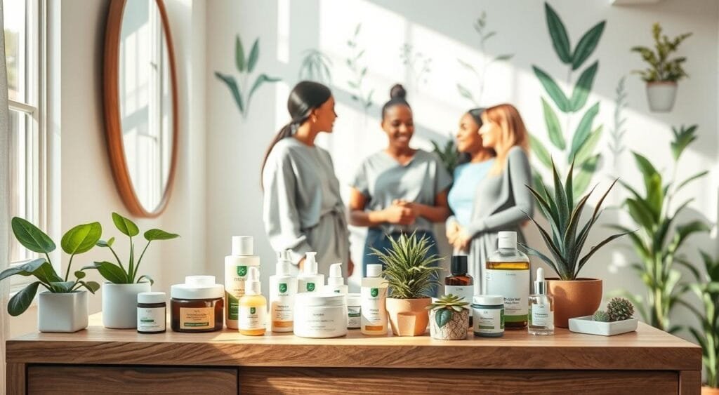A tranquil scene showcasing the transition to ethical and natural skincare. In the foreground, a stylish wooden vanity table displays a variety of cruelty-free beauty products, including organic creams, eco-friendly packaging, and vibrant potted plants symbolizing nature. In the middle, a diverse group of three individuals, dressed in modest casual clothing, discuss their skincare choices, embodying a sense of community and shared values. Soft natural light filters through a nearby window, casting gentle shadows and enhancing the warm, inviting atmosphere. In the background, a soothing wall adorned with botanical prints and green plants creates a harmonious, eco-friendly space, emphasizing the importance of choosing sustainable beauty products. The overall mood is uplifting and inspiring, reflecting a positive lifestyle change towards cruelty-free practices. A tranquil scene showcasing the transition to ethical and natural skincare. In the foreground, a stylish wooden vanity table displays a variety of cruelty-free beauty products, including organic creams, eco-friendly packaging, and vibrant potted plants symbolizing nature. In the middle, a diverse group of three individuals, dressed in modest casual clothing, discuss their skincare choices, embodying a sense of community and shared values. Soft natural light filters through a nearby window, casting gentle shadows and enhancing the warm, inviting atmosphere. In the background, a soothing wall adorned with botanical prints and green plants creates a harmonious, eco-friendly space, emphasizing the importance of choosing sustainable beauty products. The overall mood is uplifting and inspiring, reflecting a positive lifestyle change towards cruelty-free practices.