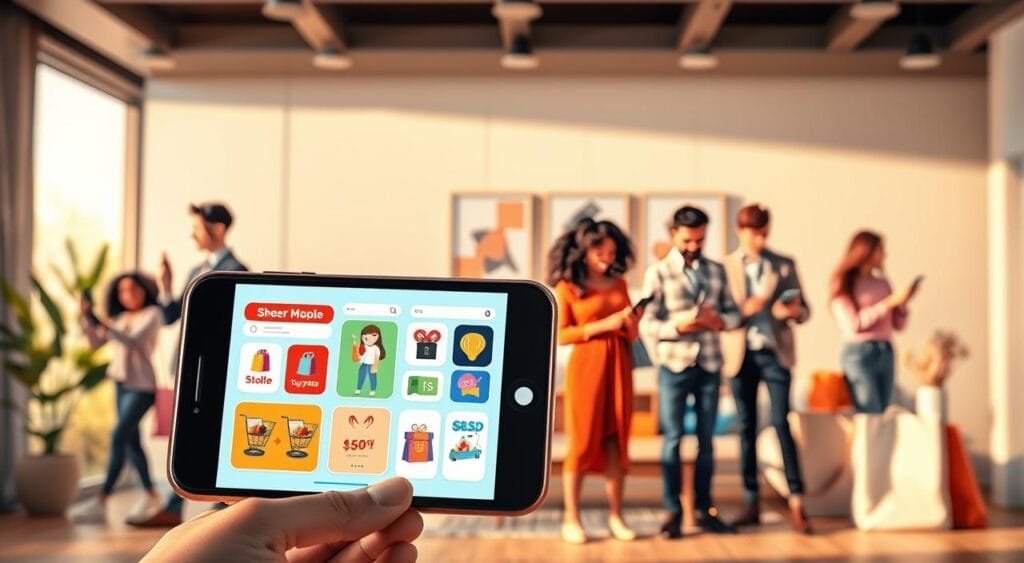 A vibrant and engaging illustration representing discount online shopping in the USA, featuring a sleek smartphone displaying popular shopping apps with colorful sale banners and discount icons. In the foreground, a diverse group of individuals, dressed in professional and casual attire, enthusiastically browse and interact with their mobile devices, showcasing excitement and engagement. The middle ground includes a stylish, modern living room setting adorned with shopping bags and boxes, suggesting recent purchases. Bright, warm lighting creates an inviting atmosphere, accentuated by soft shadows that enhance the focus on the shopping experience. The background features a slightly blurred view of a cozy home environment, indicating a space where online shopping happens comfortably. The overall mood is cheerful and dynamic, embodying the spirit of savvy online shopping.