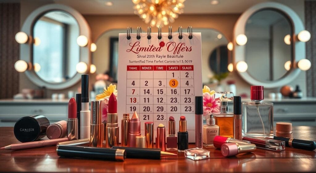 A vibrant and inviting display of beauty products arranged artfully on a wooden table. In the foreground, glossy lipsticks, shimmering eyeshadows, and elegant perfume bottles shimmer under soft, warm lighting, creating an enticing ambiance. The middle layer features a beautifully designed calendar page marked with bold, colorful dates indicating "Limited-Time Offers," surrounded by small decorative elements like floral accents and discount tags. The background softly fades into a chic, stylish vanity with mirrors reflecting the elegance of the setup, enhancing the luxurious feel of the scene. Capture the image from a slight overhead angle, evoking a sense of urgency and excitement. The overall atmosphere is warm, inviting, and enticing, encouraging quick action to take advantage of beauty promotions. A vibrant and inviting display of beauty products arranged artfully on a wooden table. In the foreground, glossy lipsticks, shimmering eyeshadows, and elegant perfume bottles shimmer under soft, warm lighting, creating an enticing ambiance. The middle layer features a beautifully designed calendar page marked with bold, colorful dates indicating "Limited-Time Offers," surrounded by small decorative elements like floral accents and discount tags. The background softly fades into a chic, stylish vanity with mirrors reflecting the elegance of the setup, enhancing the luxurious feel of the scene. Capture the image from a slight overhead angle, evoking a sense of urgency and excitement. The overall atmosphere is warm, inviting, and enticing, encouraging quick action to take advantage of beauty promotions.
