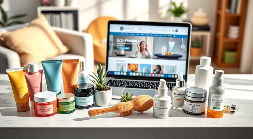 A vibrant and inviting flat lay of various affordable skincare products neatly arranged on a white marble surface. In the foreground, feature a selection of colorful, eco-friendly tubes and jars, highlighting moisturizers, serums, and cleansers with natural ingredients. Include an eye-catching, stylish wooden-handled applicator brush and a small potted succulent for a touch of greenery. In the middle section, place a laptop displaying an online shopping site for skincare, with a user interface showing discounts and popular products. Soft, diffused natural light illuminates the scene, creating a warm and inviting atmosphere. In the background, subtly include blurred elements, such as a cozy home environment with a glimpse of a comfortable chair and a bookshelf, evoking a sense of personal care and wellness.