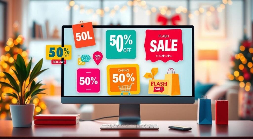 A vibrant digital illustration showcasing an array of online discounts in an attractive desktop setting. In the foreground, a computer screen displays colorful discount tags and banners, featuring eye-catching percentages like "50% OFF" and "FLASH SALE," with stylized graphics of shopping carts and festive seasonal decorations. The middle layer features a stylish, modern workspace with a neatly organized desk, including a potted plant, a smartphone, and shopping bags symbolizing online purchases. In the background, an inviting atmosphere with warm lighting, a cozy lounge area, and softly blurred holiday decorations enhances the mood of seasonal sales and promotions. The scene evokes excitement and anticipation, drawing viewers into the world of online shopping deals without any text or logo distractions. A vibrant digital illustration showcasing an array of online discounts in an attractive desktop setting. In the foreground, a computer screen displays colorful discount tags and banners, featuring eye-catching percentages like "50% OFF" and "FLASH SALE," with stylized graphics of shopping carts and festive seasonal decorations. The middle layer features a stylish, modern workspace with a neatly organized desk, including a potted plant, a smartphone, and shopping bags symbolizing online purchases. In the background, an inviting atmosphere with warm lighting, a cozy lounge area, and softly blurred holiday decorations enhances the mood of seasonal sales and promotions. The scene evokes excitement and anticipation, drawing viewers into the world of online shopping deals without any text or logo distractions.