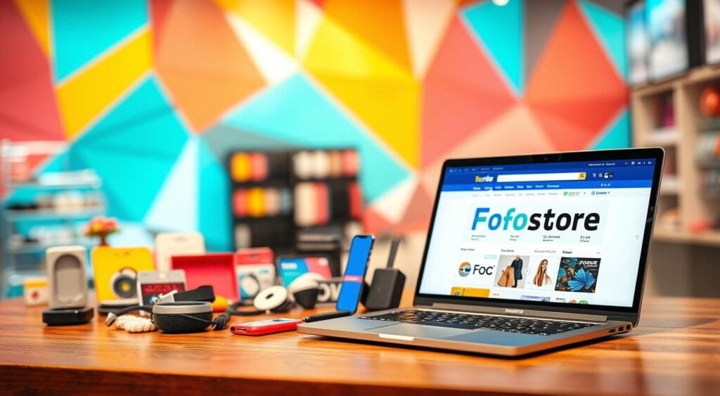 A vibrant display of top-selling products arranged on a sleek wooden table. In the foreground, feature a modern laptop showcasing the Fofostore website, alongside various top-selling items like trendy electronics, stylish fashion accessories, and popular home gadgets neatly placed around it. The middle ground showcases colorful packaging and displays of a variety of items, hinting at their popularity. In the background, softly blurred, a bright and inviting online shopping environment with abstract geometric patterns that evoke a sense of excitement and discovery. The lighting is warm and inviting, creating a friendly, encouraging atmosphere for online shopping. Use a 35mm lens perspective, with a slight depth of field to emphasize the foreground items while giving context to the background. A vibrant display of top-selling products arranged on a sleek wooden table. In the foreground, feature a modern laptop showcasing the Fofostore website, alongside various top-selling items like trendy electronics, stylish fashion accessories, and popular home gadgets neatly placed around it. The middle ground showcases colorful packaging and displays of a variety of items, hinting at their popularity. In the background, softly blurred, a bright and inviting online shopping environment with abstract geometric patterns that evoke a sense of excitement and discovery. The lighting is warm and inviting, creating a friendly, encouraging atmosphere for online shopping. Use a 35mm lens perspective, with a slight depth of field to emphasize the foreground items while giving context to the background.