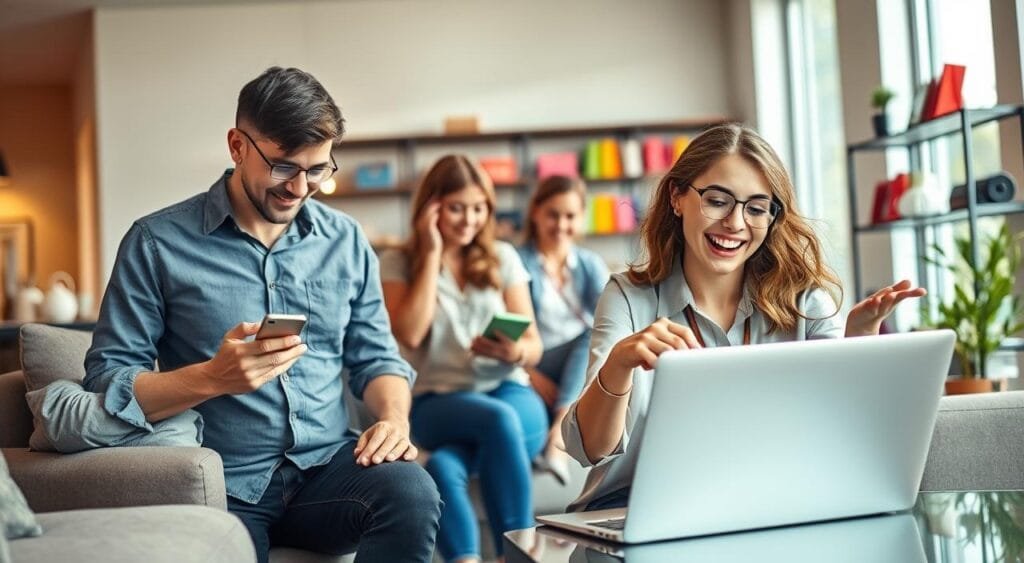 A vibrant online shopping scene depicting a diverse group of people engaged in bargain hunting on their laptops and smartphones. In the foreground, a young woman in smart casual attire excitedly points at a screen showing discounted products, her face reflecting joy and satisfaction. To her left, a middle-aged man in a collared shirt studies his phone with a thoughtful expression, comparing prices. The middle ground features a stylish, modern living room with large windows allowing natural light to illuminate the space. Light bounces off sleek furniture and colorful shopping-related items, creating a warm and inviting atmosphere. The background subtly includes shelves adorned with shopping bags and electronic devices, hinting at a bustling online shopping environment. Use soft, well-balanced lighting and a slightly angled perspective to create depth and focus on the shoppers’ interactions. A vibrant online shopping scene depicting a diverse group of people engaged in bargain hunting on their laptops and smartphones. In the foreground, a young woman in smart casual attire excitedly points at a screen showing discounted products, her face reflecting joy and satisfaction. To her left, a middle-aged man in a collared shirt studies his phone with a thoughtful expression, comparing prices. The middle ground features a stylish, modern living room with large windows allowing natural light to illuminate the space. Light bounces off sleek furniture and colorful shopping-related items, creating a warm and inviting atmosphere. The background subtly includes shelves adorned with shopping bags and electronic devices, hinting at a bustling online shopping environment. Use soft, well-balanced lighting and a slightly angled perspective to create depth and focus on the shoppers’ interactions.