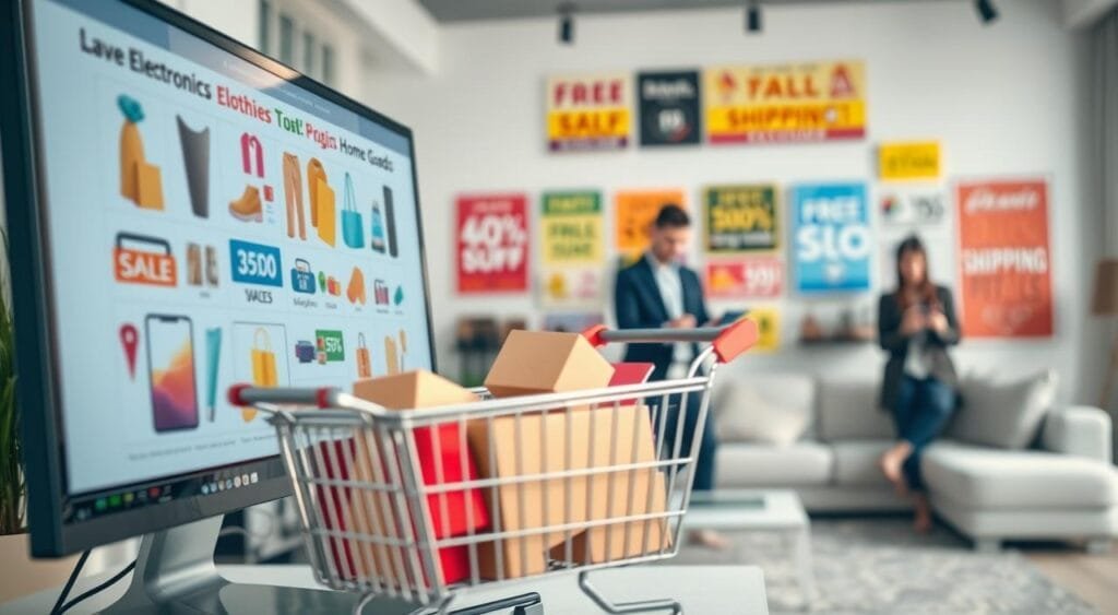 A vibrant online shopping scene showcasing a computer screen displaying various enticing product deals, such as electronics, clothing, and home goods. In the foreground, a shopping cart filled with packages suggests a successful online purchase experience. The middle ground features a well-lit living space, with shoppers casually browsing their devices, dressed in professional business attire. The background reveals a colorful array of discount tags and banners, emphasizing free shipping policies. Soft, natural lighting enhances the inviting atmosphere, while a slightly blurred depth of field accentuates the focus on the shopping cart and screen. The overall mood conveys excitement and satisfaction in affordable online shopping. A vibrant online shopping scene showcasing a computer screen displaying various enticing product deals, such as electronics, clothing, and home goods. In the foreground, a shopping cart filled with packages suggests a successful online purchase experience. The middle ground features a well-lit living space, with shoppers casually browsing their devices, dressed in professional business attire. The background reveals a colorful array of discount tags and banners, emphasizing free shipping policies. Soft, natural lighting enhances the inviting atmosphere, while a slightly blurred depth of field accentuates the focus on the shopping cart and screen. The overall mood conveys excitement and satisfaction in affordable online shopping.