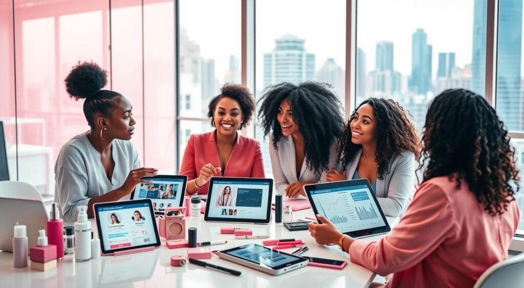 A vibrant scene depicting a diverse group of beauty influencers collaborating at a modern, well-lit meeting room. In the foreground, a Black woman and a Hispanic woman are engaged in a brainstorming session, surrounded by beauty products like skincare and makeup, showcasing the latest trends. The middle ground features a sleek conference table with digital tablets showing marketing strategies and social media analytics. In the background, large windows flood the space with natural light, revealing a busy cityscape. The color palette is bright and inviting, with pastel pinks and soft whites. The mood is dynamic and inspiring, capturing the essence of teamwork and creativity in the beauty industry. A vibrant scene depicting a diverse group of beauty influencers collaborating at a modern, well-lit meeting room. In the foreground, a Black woman and a Hispanic woman are engaged in a brainstorming session, surrounded by beauty products like skincare and makeup, showcasing the latest trends. The middle ground features a sleek conference table with digital tablets showing marketing strategies and social media analytics. In the background, large windows flood the space with natural light, revealing a busy cityscape. The color palette is bright and inviting, with pastel pinks and soft whites. The mood is dynamic and inspiring, capturing the essence of teamwork and creativity in the beauty industry.