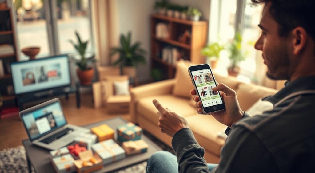 A vibrant scene of a person shopping on a smartphone in a cozy living room, focused on the act of low-cost online shopping. In the foreground, the shopper, a young adult male dressed in smart casual attire, holds the phone with a visible shopping app display filled with discounted items. The middle ground features a coffee table cluttered with online shopping packages and a laptop showcasing a sale webpage. In the background, soft natural light filters through a window, illuminating potted plants and a bookshelf. The atmosphere is relaxed, capturing the convenience and excitement of mobile shopping. Use a warm color palette, with a shallow depth of field to draw attention to the shopper, enhancing the inviting mood.