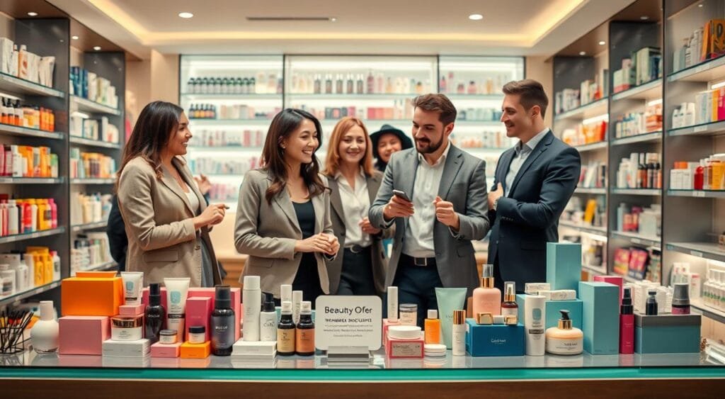A vibrant scene showcasing a beauty store's loyalty program display. In the foreground, a beautifully arranged table features an array of skincare and cosmetic products elegantly presented in colorful packaging. On the table, a small sign subtly highlights membership discounts. In the middle, a diverse group of well-dressed individuals, including a woman in a smart blazer and a man in a casual yet polished outfit, are joyfully discussing and exploring the products available. In the background, shelves filled with beauty products create a sense of abundance, illuminated by soft, warm lighting. The atmosphere conveys excitement and allure, enticing customers to take advantage of the enticing beauty offers. The image is shot from a slightly elevated angle to give a broader view while maintaining a clear focus on the interaction at the table. A vibrant scene showcasing a beauty store's loyalty program display. In the foreground, a beautifully arranged table features an array of skincare and cosmetic products elegantly presented in colorful packaging. On the table, a small sign subtly highlights membership discounts. In the middle, a diverse group of well-dressed individuals, including a woman in a smart blazer and a man in a casual yet polished outfit, are joyfully discussing and exploring the products available. In the background, shelves filled with beauty products create a sense of abundance, illuminated by soft, warm lighting. The atmosphere conveys excitement and allure, enticing customers to take advantage of the enticing beauty offers. The image is shot from a slightly elevated angle to give a broader view while maintaining a clear focus on the interaction at the table.