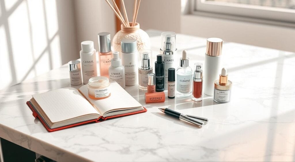 A visually appealing flat lay image showcasing a beautifully arranged selection of popular beauty products including skincare and cosmetics, placed on a sleek, marble surface. In the foreground, a stylish open notebook and a high-quality pen sit next to the products, emphasizing organization and professionalism. In the middle ground, various beauty items such as moisturizers, lipsticks, and serums are thoughtfully positioned, with an elegant diffuser adding a touch of ambiance. The background features soft, natural lighting streaming in from a nearby window, creating a bright and inviting atmosphere. The overall mood conveys sophistication and expertise, perfect for attracting readers interested in writing beauty product reviews. A visually appealing flat lay image showcasing a beautifully arranged selection of popular beauty products including skincare and cosmetics, placed on a sleek, marble surface. In the foreground, a stylish open notebook and a high-quality pen sit next to the products, emphasizing organization and professionalism. In the middle ground, various beauty items such as moisturizers, lipsticks, and serums are thoughtfully positioned, with an elegant diffuser adding a touch of ambiance. The background features soft, natural lighting streaming in from a nearby window, creating a bright and inviting atmosphere. The overall mood conveys sophistication and expertise, perfect for attracting readers interested in writing beauty product reviews.