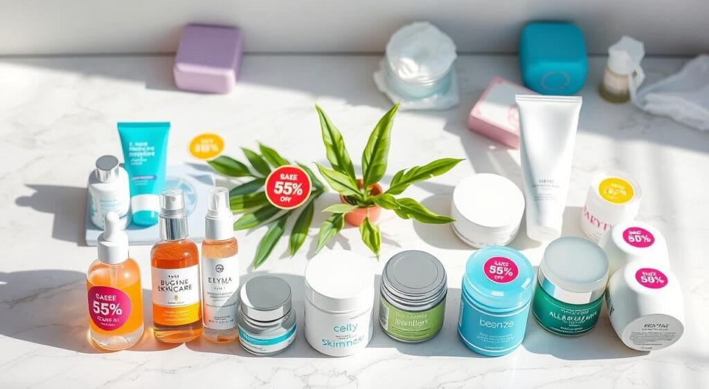 A visually appealing flat lay of various budget skincare products displayed on a clean, white marble surface. In the foreground, vibrant bottles and jars of serums, moisturizers, and masks in attractive packaging, showcasing discounts and special offer stickers in bold colors. The middle ground features a few natural elements like green leaves and a small potted plant to add texture and freshness. In the background, softly blurred shadows of related beauty accessories, such as cotton pads and applicators, create depth. The lighting is bright and soft, mimicking natural daylight to enhance the colors and textures of the products. The overall atmosphere is inviting and cheerful, emphasizing affordability and attractive skincare options.