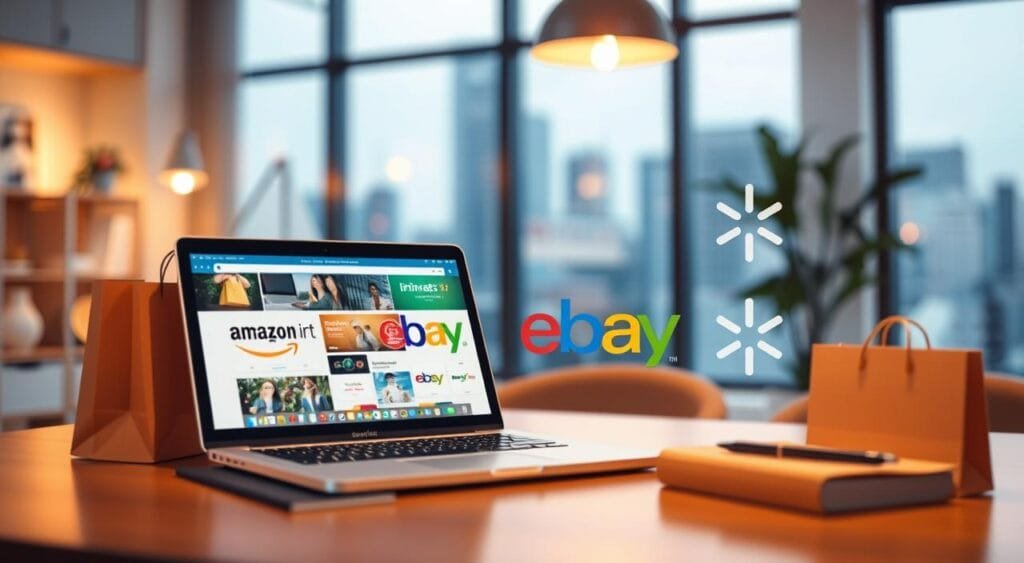 A visually engaging illustration depicting popular online retail stores. In the foreground, display a workspace with a modern laptop opened to showcase a vibrant online shopping website, surrounded by shopping bags and a notebook. In the middle ground, include recognizable logos of top e-commerce platforms like Amazon, eBay, and Walmart, artistically integrated into the scene. For the background, create a cozy, well-lit office environment with soft, warm lighting that gives a welcoming feel, featuring a stylish window with a cityscape view. Capture the mood of efficiency and convenience, emphasizing an organized, streamlined shopping experience. Use a shallow depth of field to keep the focus on the laptop and shopping elements. The overall atmosphere should be productive and inviting, appealing to business professionals exploring online shopping.