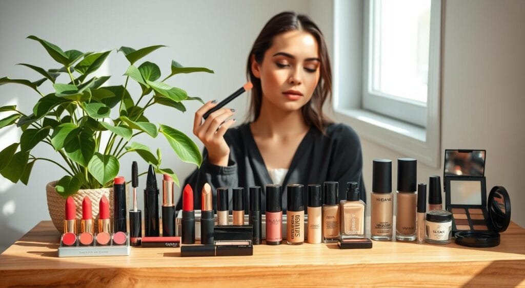 A visually striking display of vegan makeup products arranged elegantly on a natural wooden vanity. In the foreground, an assortment of cruelty-free lipsticks, eyeshadows, and foundations in vibrant, earthy colors is showcased. The middle presents a stylish, modestly dressed individual applying makeup, demonstrating a radiant, fresh-faced look that highlights the vegan products. In the background, soft, diffused natural light filters through a window, casting gentle shadows and creating a warm and inviting atmosphere. A potted plant with lush green leaves subtly frames the scene, representing the connection to nature. The image evokes a sense of beauty, sustainability, and ethical living, perfect for highlighting popular cruelty-free brands. A visually striking display of vegan makeup products arranged elegantly on a natural wooden vanity. In the foreground, an assortment of cruelty-free lipsticks, eyeshadows, and foundations in vibrant, earthy colors is showcased. The middle presents a stylish, modestly dressed individual applying makeup, demonstrating a radiant, fresh-faced look that highlights the vegan products. In the background, soft, diffused natural light filters through a window, casting gentle shadows and creating a warm and inviting atmosphere. A potted plant with lush green leaves subtly frames the scene, representing the connection to nature. The image evokes a sense of beauty, sustainability, and ethical living, perfect for highlighting popular cruelty-free brands.