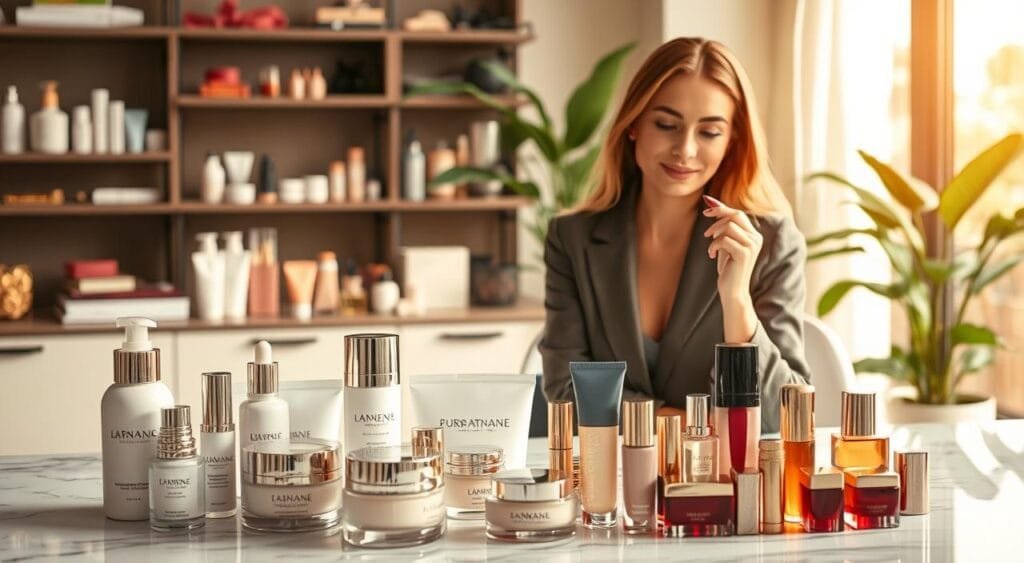 A visually stunning workspace featuring an array of top beauty brands' products creatively displayed. In the foreground, an elegantly arranged vanity table showcases luxurious skincare, makeup, and fragrance items in chic packaging. The middle layer includes a beautiful, well-dressed professional woman, exuding confidence, as she interacts with these products, perhaps testing a cream or applying lipstick. In the background, there are soft-focus elements like shelves filled with more beauty products and a lush indoor plant giving a fresh, vibrant touch. Warm, natural lighting floods the scene, creating an inviting atmosphere, and the angle captures both the interaction and stunning product display. The overall mood is stylish, sophisticated, and inspiring, emphasizing the connection between beauty brands and enhancing customer experience. A visually stunning workspace featuring an array of top beauty brands' products creatively displayed. In the foreground, an elegantly arranged vanity table showcases luxurious skincare, makeup, and fragrance items in chic packaging. The middle layer includes a beautiful, well-dressed professional woman, exuding confidence, as she interacts with these products, perhaps testing a cream or applying lipstick. In the background, there are soft-focus elements like shelves filled with more beauty products and a lush indoor plant giving a fresh, vibrant touch. Warm, natural lighting floods the scene, creating an inviting atmosphere, and the angle captures both the interaction and stunning product display. The overall mood is stylish, sophisticated, and inspiring, emphasizing the connection between beauty brands and enhancing customer experience.