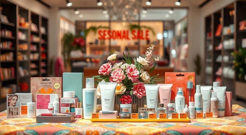 A well-arranged display of discounted beauty products on a vibrant, colorful seasonal sale backdrop. In the foreground, showcase an array of elegantly packaged skincare items, makeup kits, and hair care products, clearly marked with bright sale tags and prices. The middle ground features a lush table adorned with flowers and decorative items, adding a touch of sophistication. In the background, a soft-focus display of a beauty store with warm lighting creates an inviting atmosphere. Use a shallow depth of field to emphasize the products in focus while keeping the store ambiance subtly blurred. The overall mood is cheerful and enticing, capturing the excitement of finding great deals on beauty essentials. The lighting is bright and natural, mimicking a sunny day, enhancing the appeal of the displayed items.