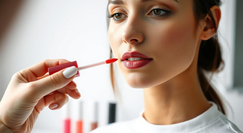 A well-lit, close-up view of a professional makeup artist demonstrating application techniques for lip gloss. In the foreground, a hand holds a lip gloss applicator poised near a model's lips, showcasing precision. The model, dressed in a simple, stylish white top, has natural makeup, her lips slightly parted in anticipation. In the middle background, various lip gloss tubes in vibrant shades are neatly arranged, suggesting a variety of choices. The setting is bright and cheerful, with soft, diffused lighting to enhance the natural beauty of the scene. The overall mood is inviting and informative, emphasizing the artistry and care involved in applying lip gloss effectively. The focus is on technique, ensuring a clean and professional atmosphere, free from distractions.