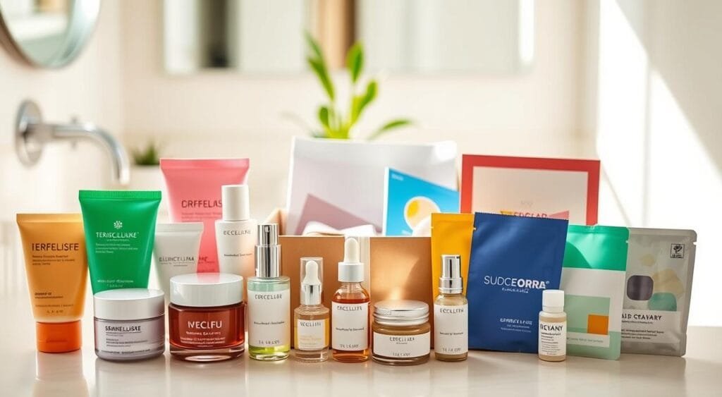 A well-organized flat lay of budget-friendly skincare items featured prominently in the foreground, including vibrant tubes of cream, small glass bottles of serums, and colorful sheet masks. In the middle ground, include a sleek subscription service box, partially open to reveal additional products. The background should be softly blurred, displaying a bright and airy bathroom countertop setting with subtle greenery, such as a small potted plant, adding a touch of freshness. The lighting should be natural, mimicking sunlight streaming in, creating a warm, inviting atmosphere. The angle should be slightly above, providing a clear view of the products, emphasizing their accessibility and affordability. The overall mood is cheerful and optimistic, illustrating the concept of finding effective yet inexpensive beauty solutions.
