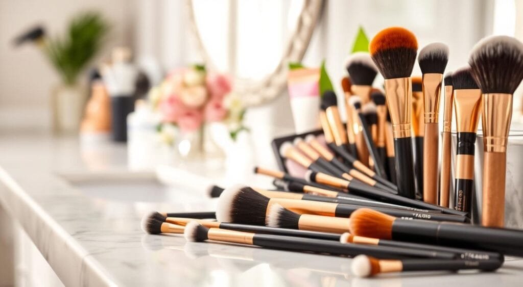 A beautiful display of top-rated cosmetic brushes from FoFoStore arranged elegantly on a marble vanity. In the foreground, vivid focus on a variety of high-quality brushes, showcasing their soft bristles, sleek handles, and distinct shapes, including foundation, blush, and eye shadow brushes. In the middle ground, reflective surfaces enhance the luxurious feel, while a light floral arrangement adds a touch of color. The background features soft, out-of-focus lighting that creates a warm, inviting atmosphere, reminiscent of a professional makeup artist's studio. Capture the image from a slightly elevated angle to highlight the details of the brushes and the overall arrangement, aiming for bright, diffused natural lighting that enhances the quality of the brushes without harsh shadows or highlights. A beautiful display of top-rated cosmetic brushes from FoFoStore arranged elegantly on a marble vanity. In the foreground, vivid focus on a variety of high-quality brushes, showcasing their soft bristles, sleek handles, and distinct shapes, including foundation, blush, and eye shadow brushes. In the middle ground, reflective surfaces enhance the luxurious feel, while a light floral arrangement adds a touch of color. The background features soft, out-of-focus lighting that creates a warm, inviting atmosphere, reminiscent of a professional makeup artist's studio. Capture the image from a slightly elevated angle to highlight the details of the brushes and the overall arrangement, aiming for bright, diffused natural lighting that enhances the quality of the brushes without harsh shadows or highlights.