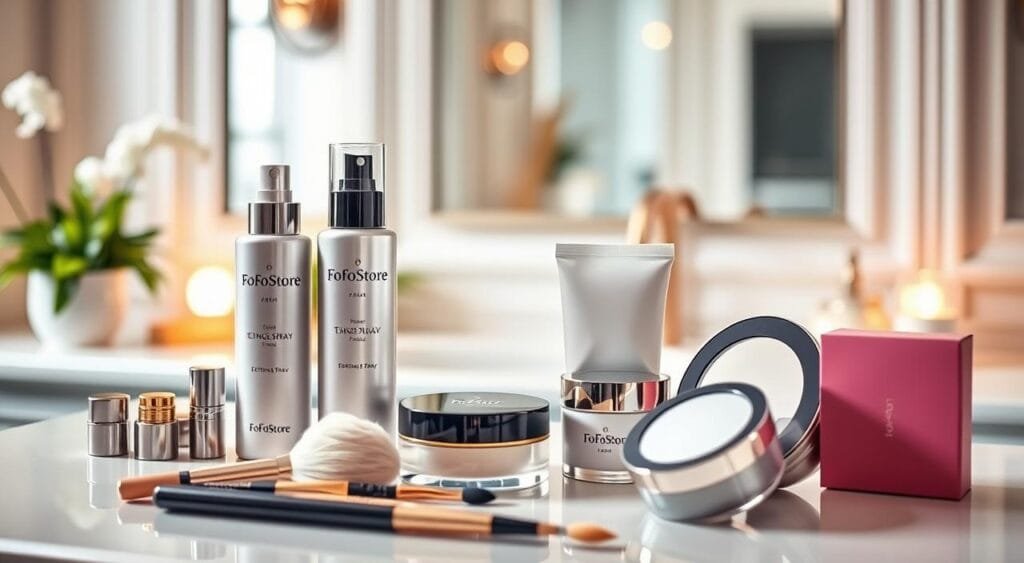 A beautifully arranged collection of must-have beauty tools featured prominently in the foreground. These include elegant setting sprays and translucent powders from the brand FoFoStore, showcased in sleek, modern packaging. The middle ground displays a pristine vanity table with soft lighting illuminating the tools, reflecting off the shiny surfaces for a sophisticated allure. The background is a softly blurred, tastefully decorated bathroom or makeup studio, with hints of greenery for a fresh feel. The atmosphere is calm and inviting, emphasizing the importance of quality beauty tools for flawless makeup application. Use soft, warm lighting to enhance the luxurious vibe, and capture the scene with a shallow depth of field to draw focus on the beauty tools. A beautifully arranged collection of must-have beauty tools featured prominently in the foreground. These include elegant setting sprays and translucent powders from the brand FoFoStore, showcased in sleek, modern packaging. The middle ground displays a pristine vanity table with soft lighting illuminating the tools, reflecting off the shiny surfaces for a sophisticated allure. The background is a softly blurred, tastefully decorated bathroom or makeup studio, with hints of greenery for a fresh feel. The atmosphere is calm and inviting, emphasizing the importance of quality beauty tools for flawless makeup application. Use soft, warm lighting to enhance the luxurious vibe, and capture the scene with a shallow depth of field to draw focus on the beauty tools.