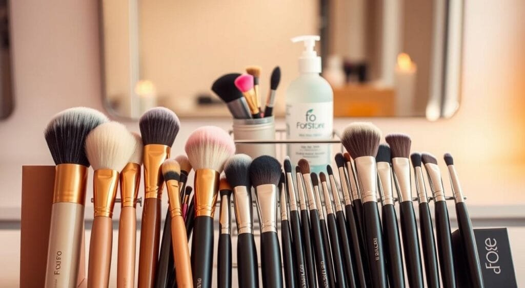 A beautifully arranged collection of top makeup brushes for flawless application, prominently featuring the brand "FoFoStore." In the foreground, display an assortment of varied brush types, including foundation, blush, and eyeshadow brushes, each with soft, pristine bristles and elegant handles. In the middle, a well-maintained brush cleaning kit, including gentle cleanser and a drying rack, emphasizes maintenance tips for longevity. The background showcases a sleek vanity setting with soft lighting, highlighting the brushes' textures and colors. Use warm, diffused lighting to create an inviting atmosphere, and a slight overhead angle to capture the details of the brushes. The overall mood should be professional and elegant, reflecting a sense of care and quality in makeup application. A beautifully arranged collection of top makeup brushes for flawless application, prominently featuring the brand "FoFoStore." In the foreground, display an assortment of varied brush types, including foundation, blush, and eyeshadow brushes, each with soft, pristine bristles and elegant handles. In the middle, a well-maintained brush cleaning kit, including gentle cleanser and a drying rack, emphasizes maintenance tips for longevity. The background showcases a sleek vanity setting with soft lighting, highlighting the brushes' textures and colors. Use warm, diffused lighting to create an inviting atmosphere, and a slight overhead angle to capture the details of the brushes. The overall mood should be professional and elegant, reflecting a sense of care and quality in makeup application.